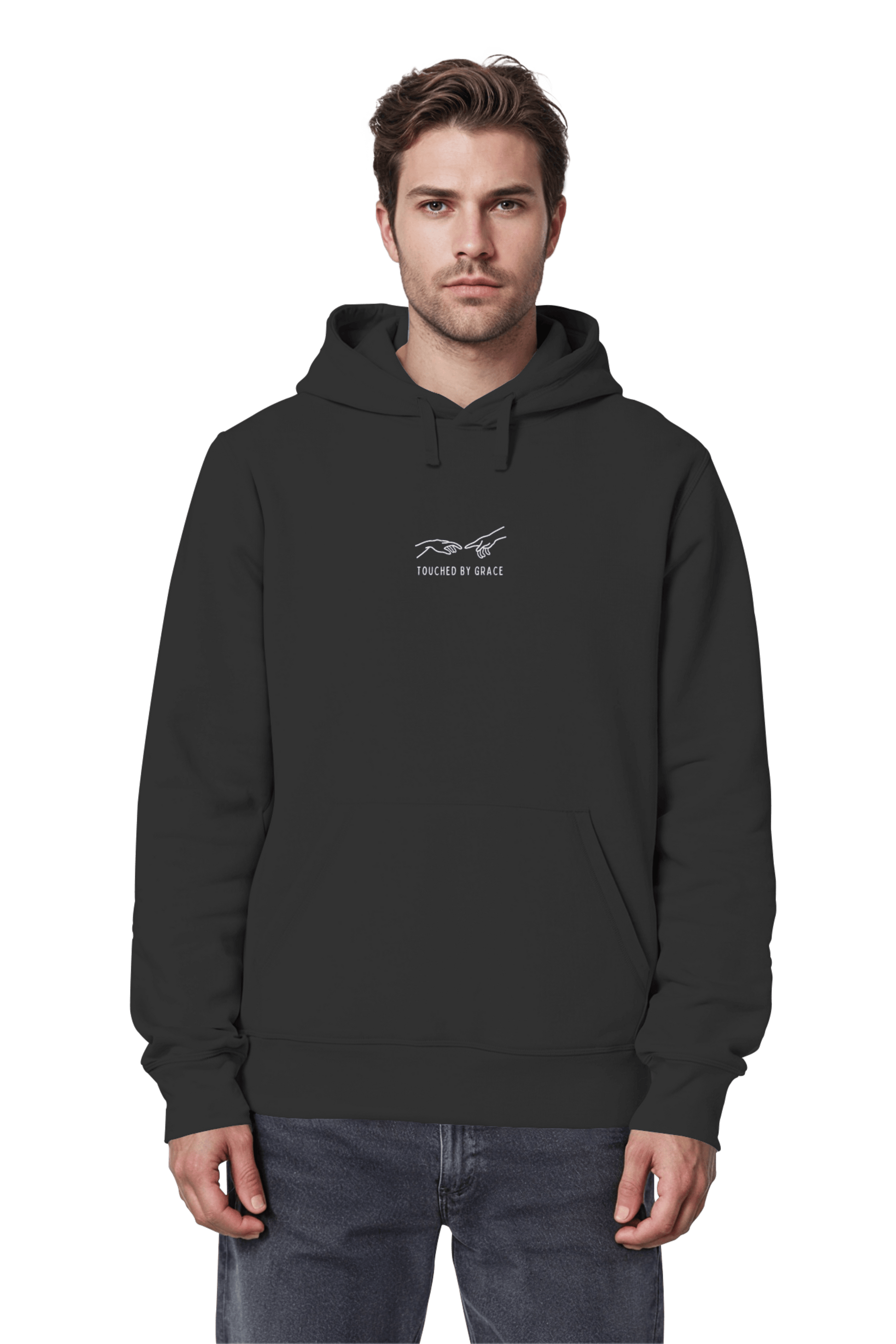 Mission One More ‚Touched by Grace‘ Unisex Hoodie in Schwarz aus Bio Baumwolle christlichem Motiv