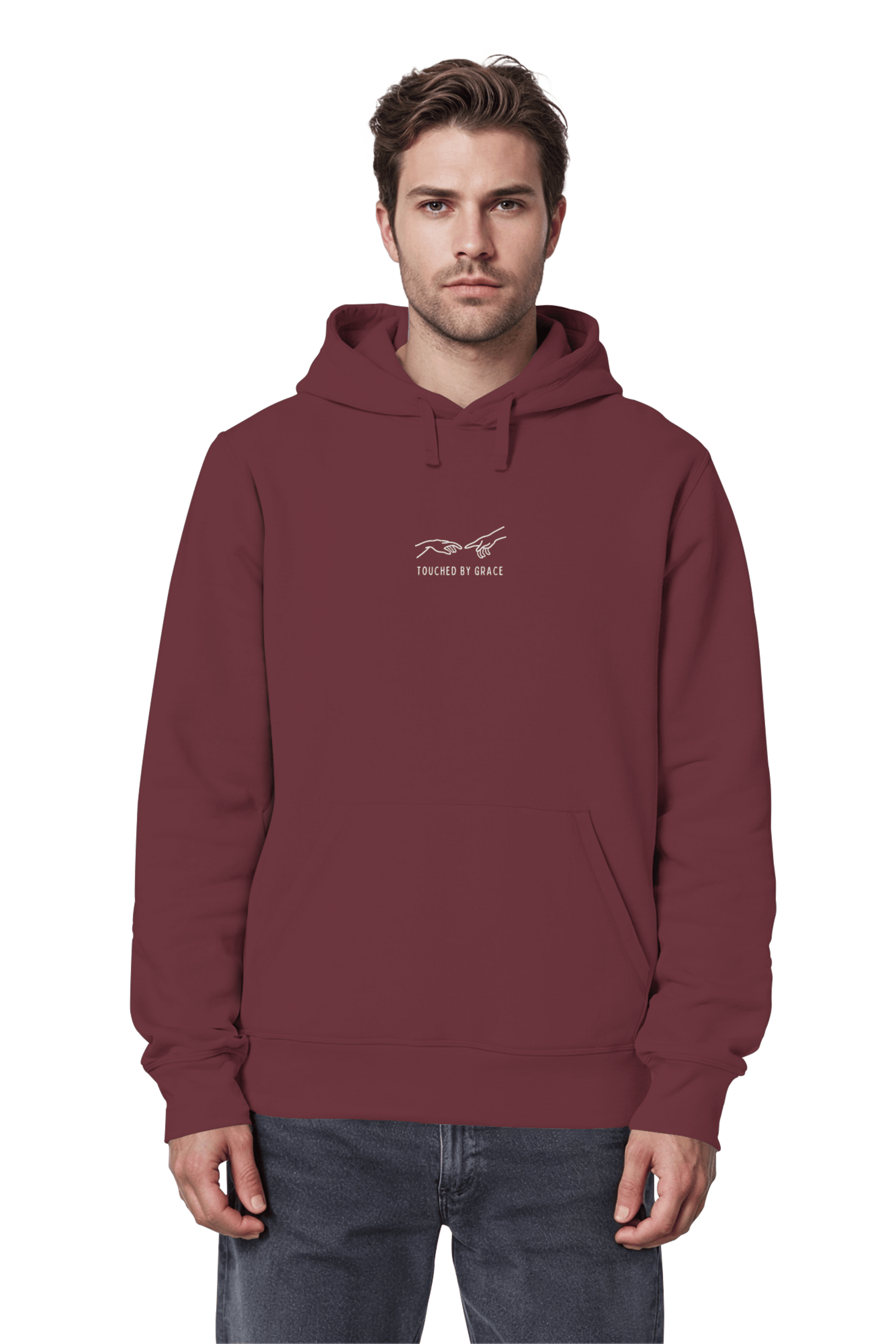 Mission One More christliches Motiv ‚Touched by Grace‘ Organic Cotton Hoodie in Burgundy