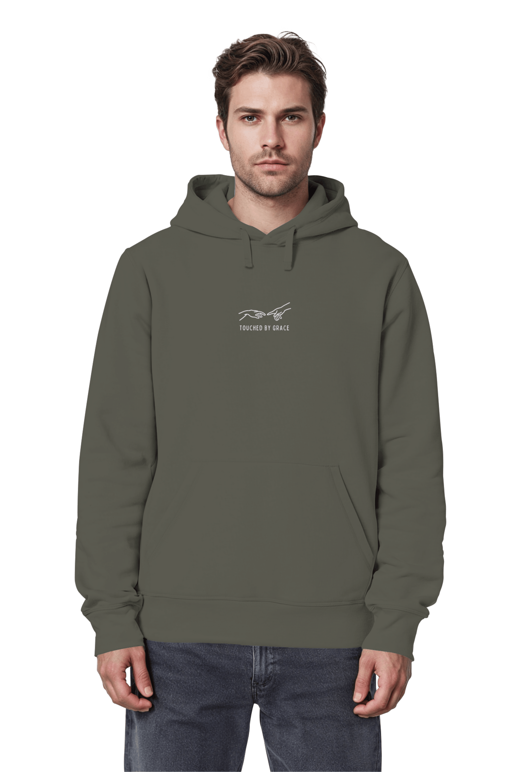 Mission One More ‚Touched by Grace‘ Bio Organic Unisex Hoodie in Khaki minimalistisches Motiv