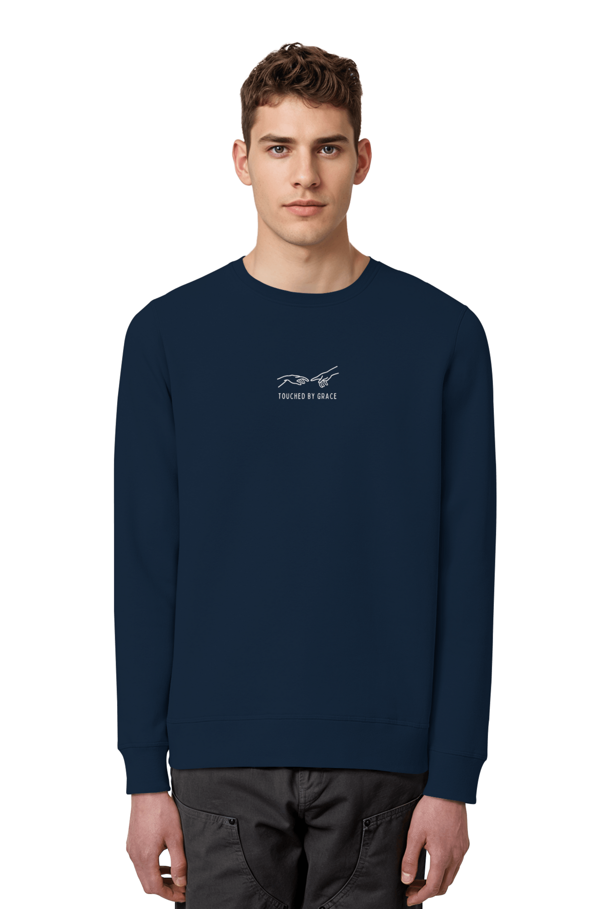 Mission One More ‚Touched by Grace‘ Christlicher Organic Sweatshirt in French Navy minimalistisches Stickmotiv