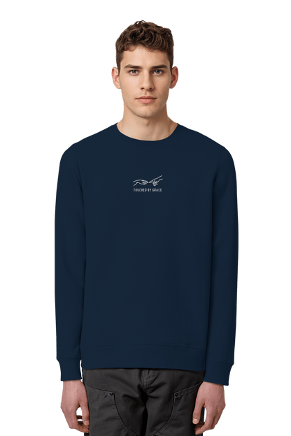 Mission One More ‚Touched by Grace‘ Christlicher Organic Sweatshirt in French Navy minimalistisches Stickmotiv
