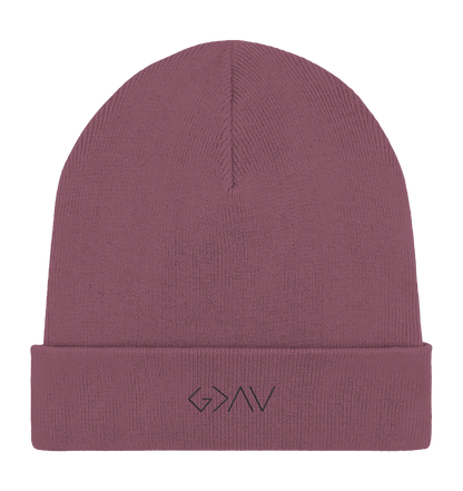 Produktbild Rib Beanie, Motiv Gott ist Größer, Farbe Hibiscus Rose