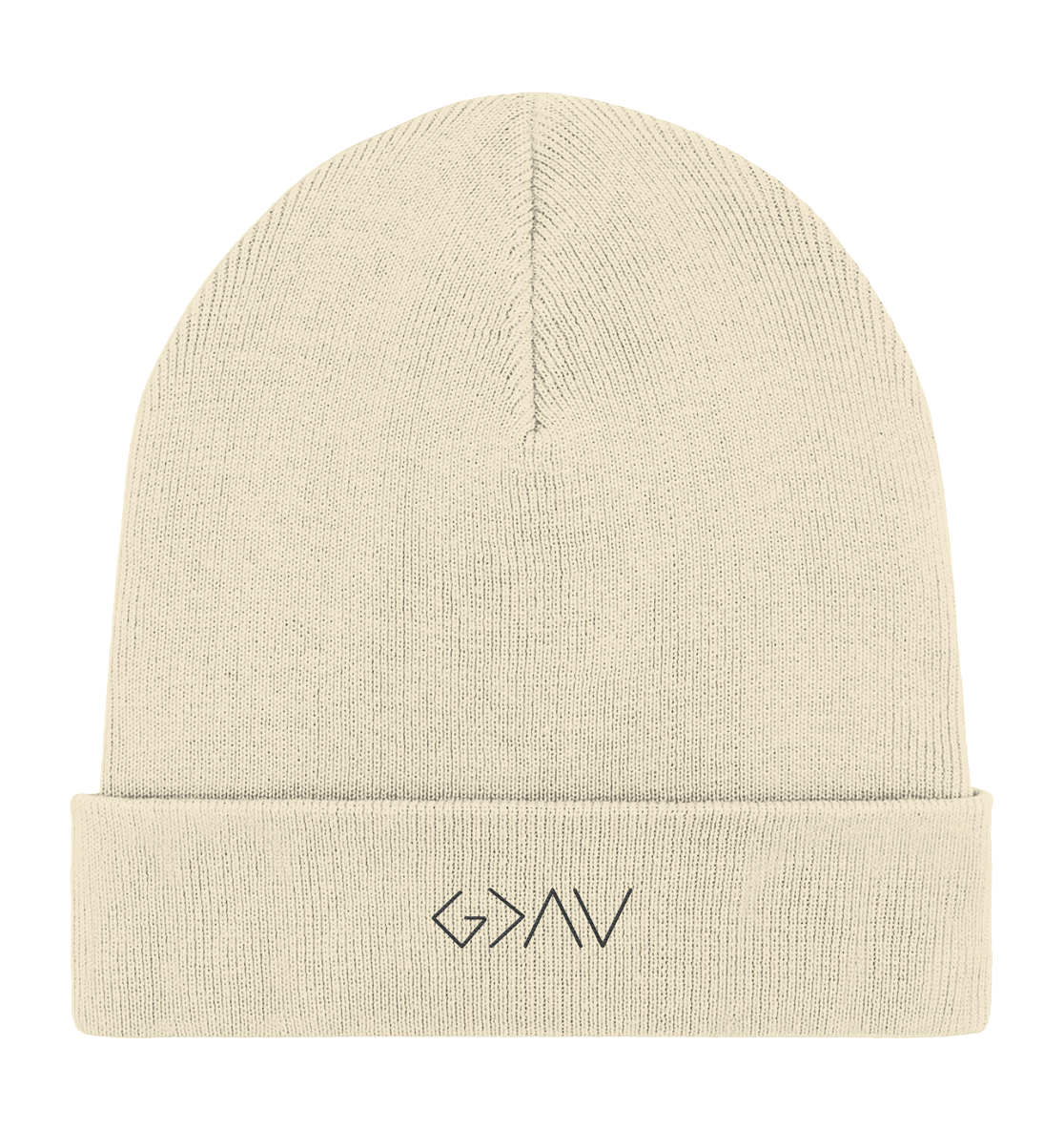 Produktbild Rib Beanie, Motiv Gott ist Größer, Farbe Natural