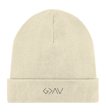 Produktbild Rib Beanie, Motiv Gott ist Größer, Farbe Natural
