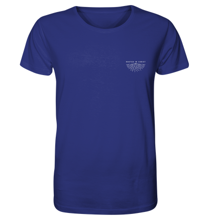 Produktbild T-Shirt, Motiv Rooted in Christ, Farbe Worker Blue