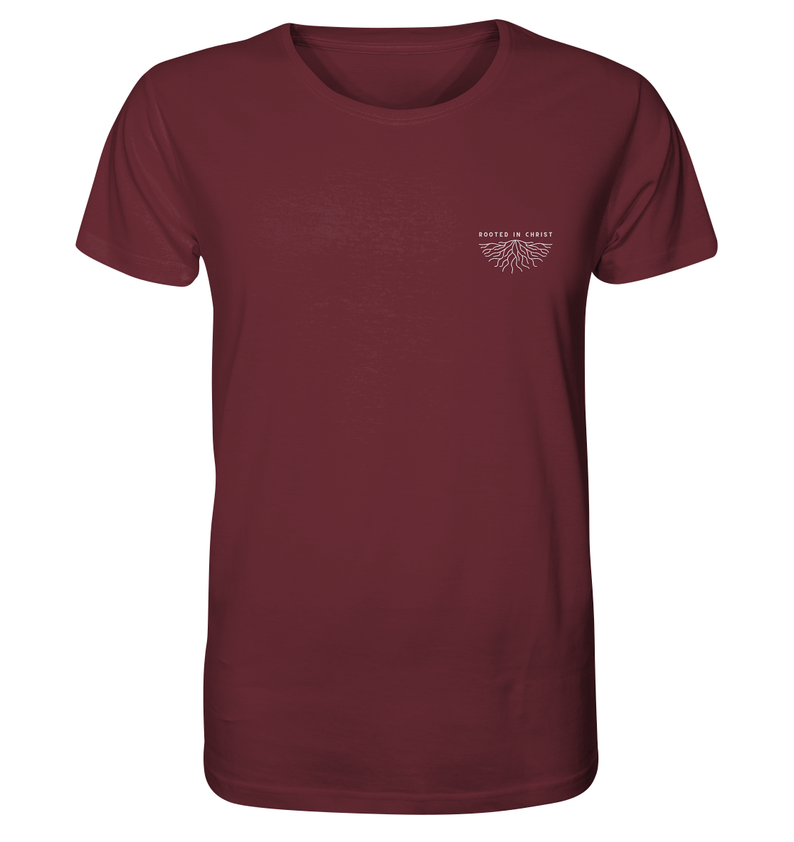 Produktbild T-Shirt, Motiv Rooted in Christ, Farbe Burgundy