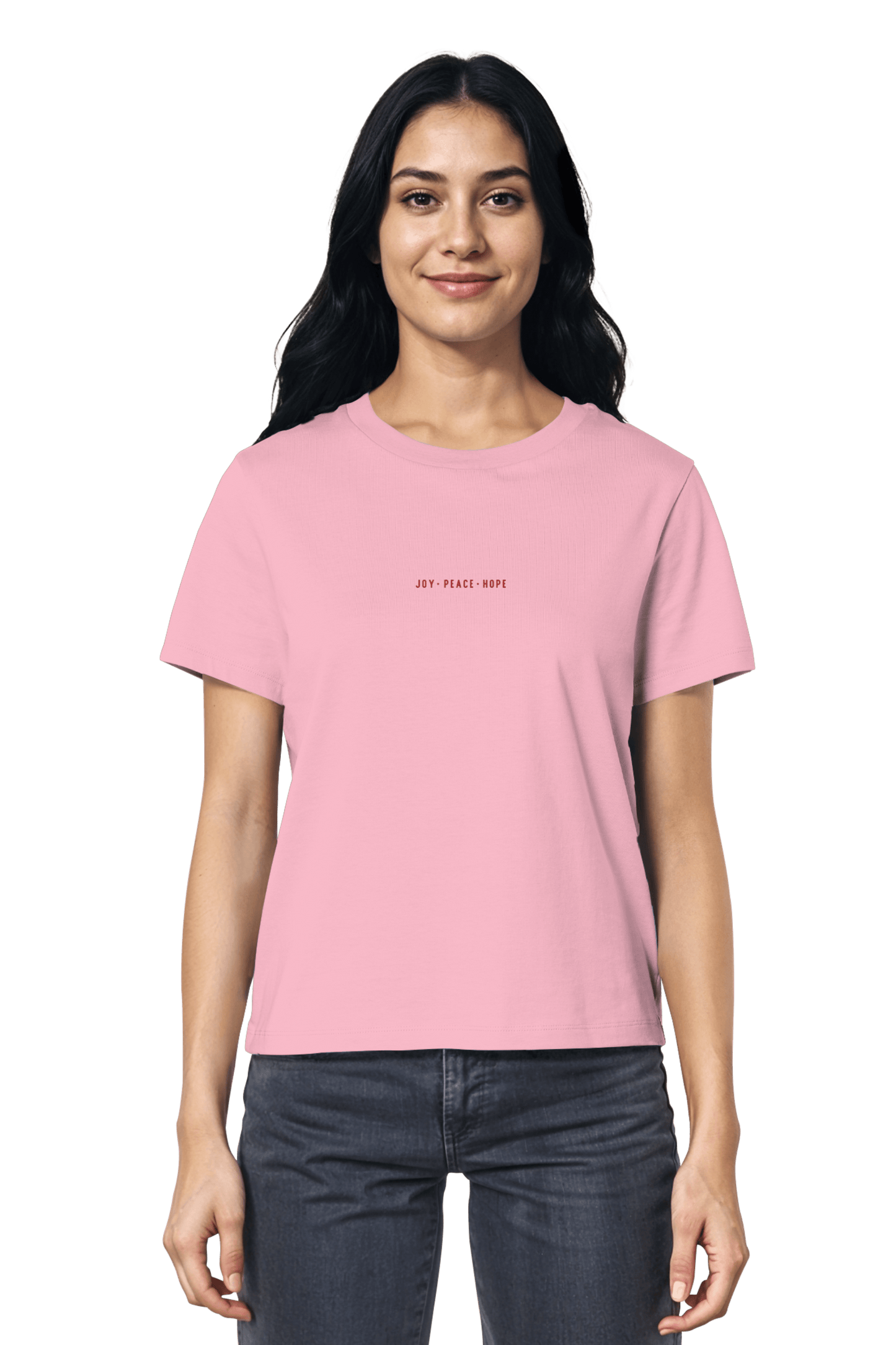 Cotton Pink Unisex-Shirt aus Bio-Baumwolle mit feinem ‚Joy Peace Hope‘ Stickmotiv – Mission One More