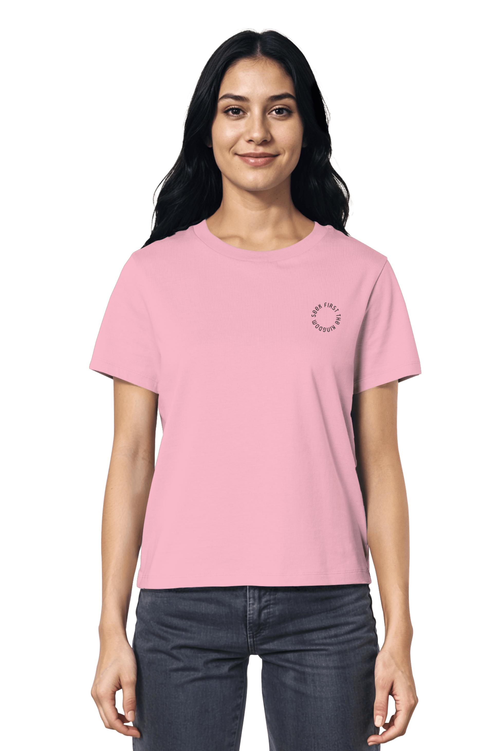 Frauen T-Shirt mit christlicher Botschaft ‚Seek first the Kingdomr‘ – fair produziert und hochwertig bestickt